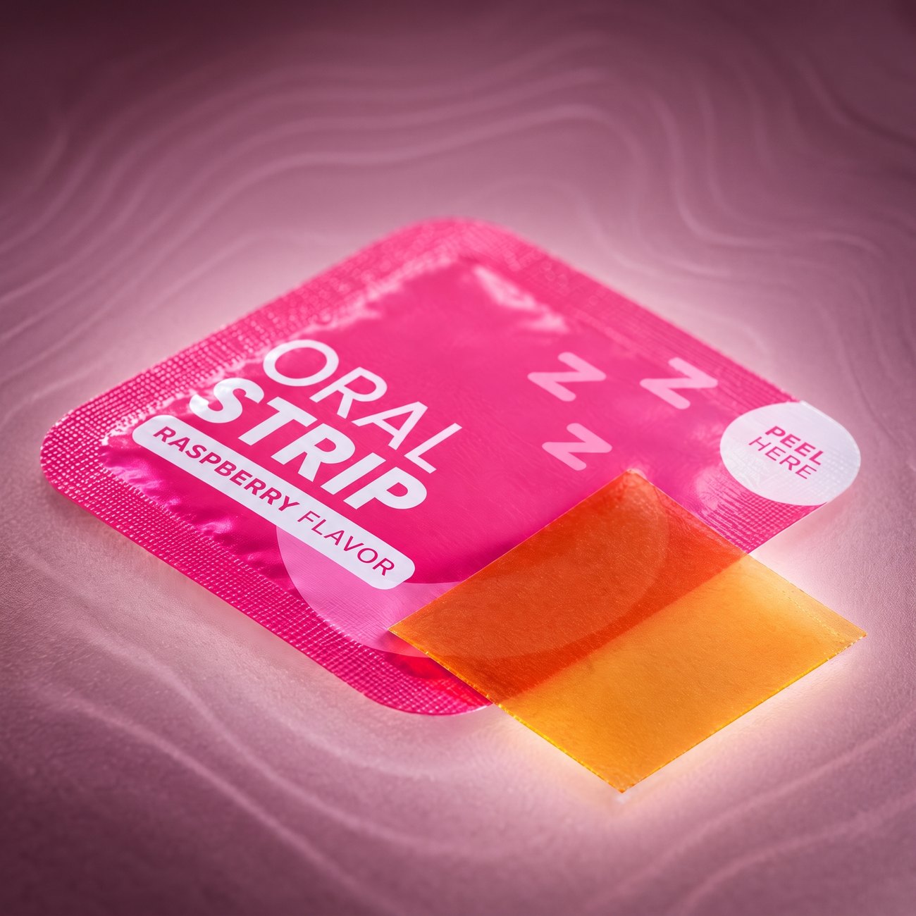 A NightWatch strip partly out of its individually wrapped raspberry pouch