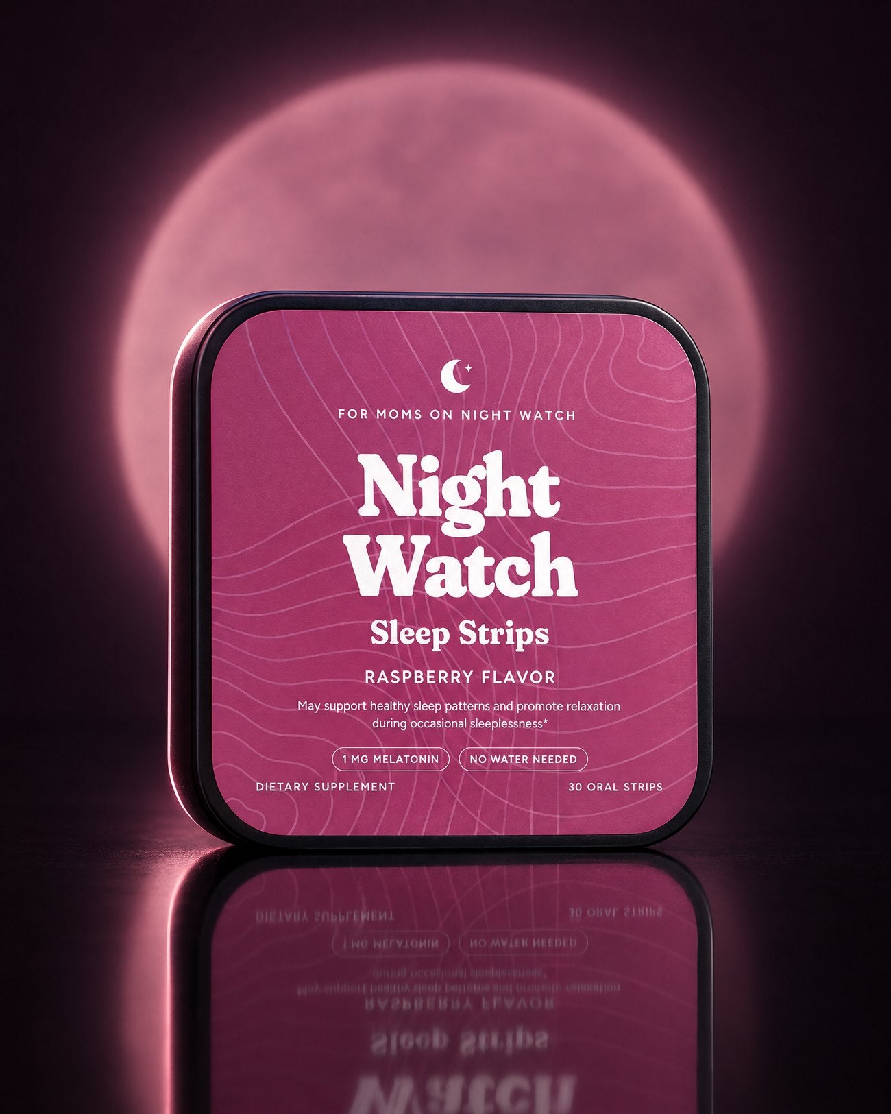 The NightWatch tin in front of a glowing pink moon